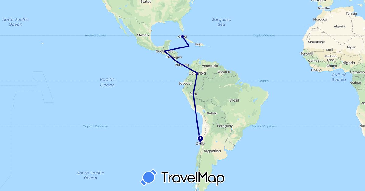 TravelMap itinerary: driving in Chile, Colombia, Costa Rica, Cuba, Guatemala, Jamaica, Peru (North America, South America)