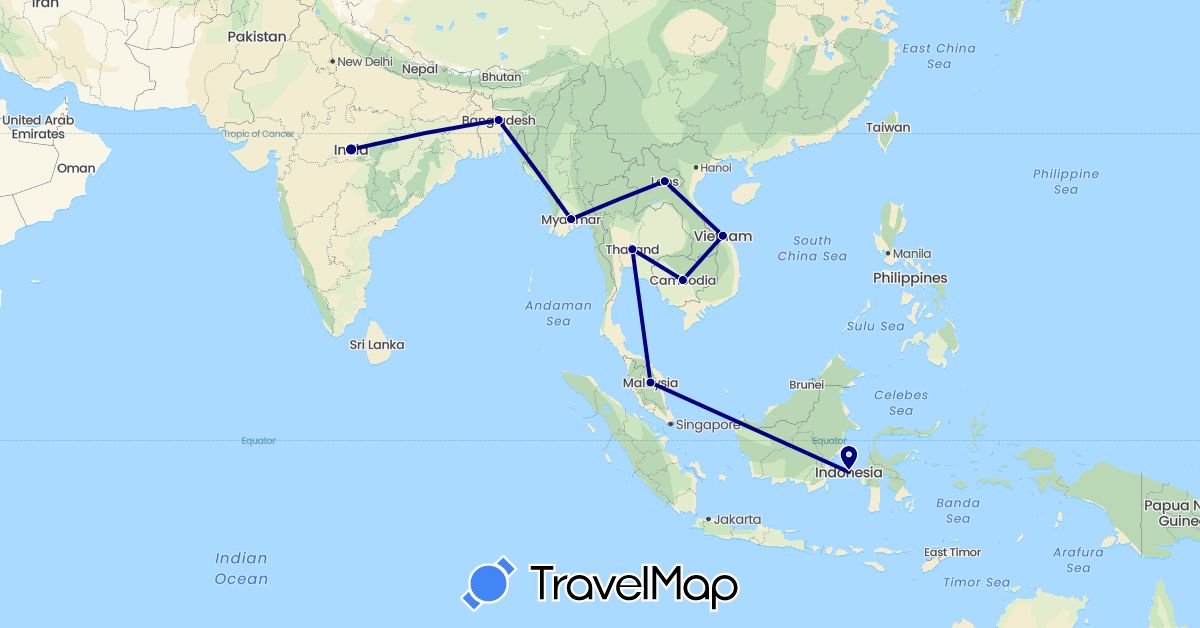 TravelMap itinerary: driving in Bangladesh, Indonesia, India, Laos, Myanmar (Burma), Malaysia, Thailand (Asia)