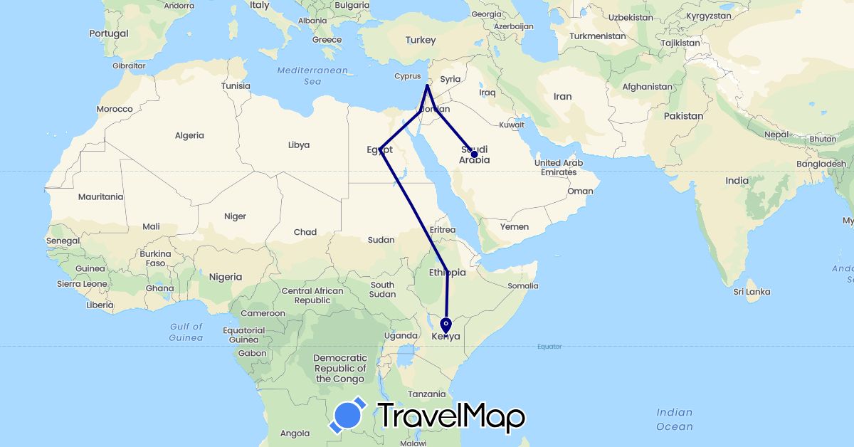 TravelMap itinerary: driving in Egypt, Ethiopia, Jordan, Kenya, Lebanon, Saudi Arabia (Africa, Asia)
