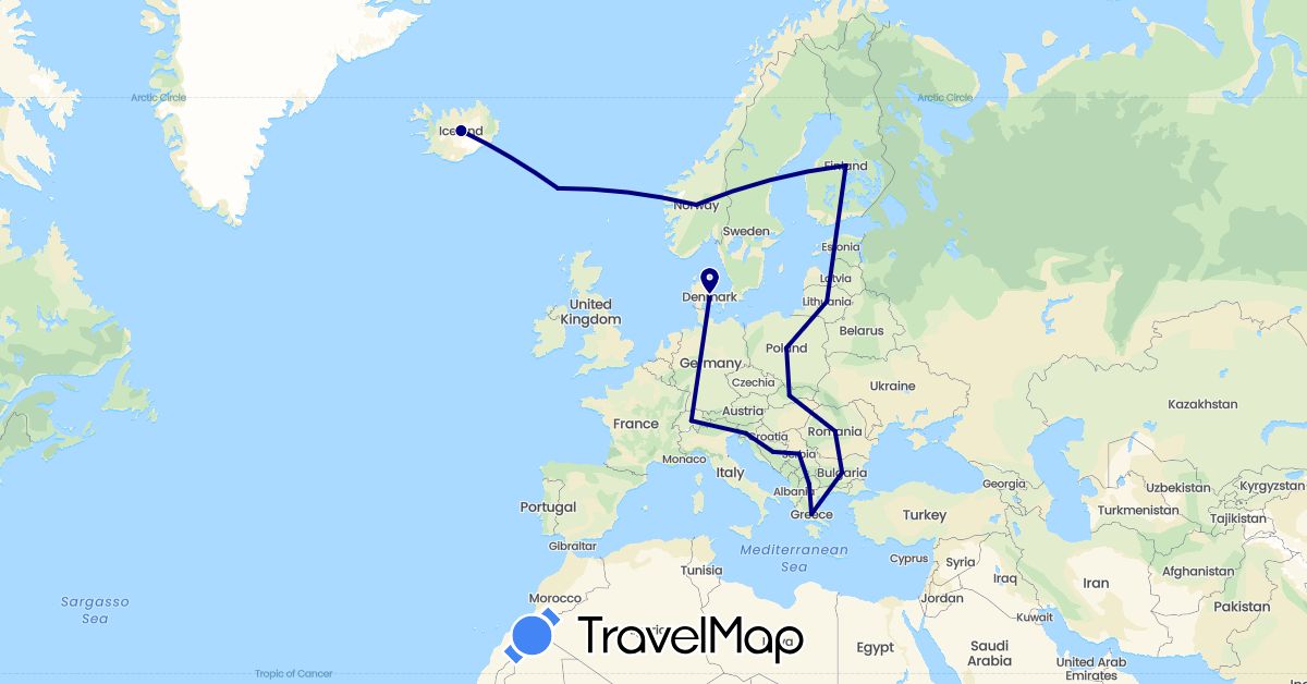 TravelMap itinerary: driving in Bosnia and Herzegovina, Bulgaria, Switzerland, Denmark, Finland, Faroe Islands, Greece, Iceland, Lithuania, Macedonia, Norway, Poland, Romania, Serbia, Slovenia, Slovakia (Europe)